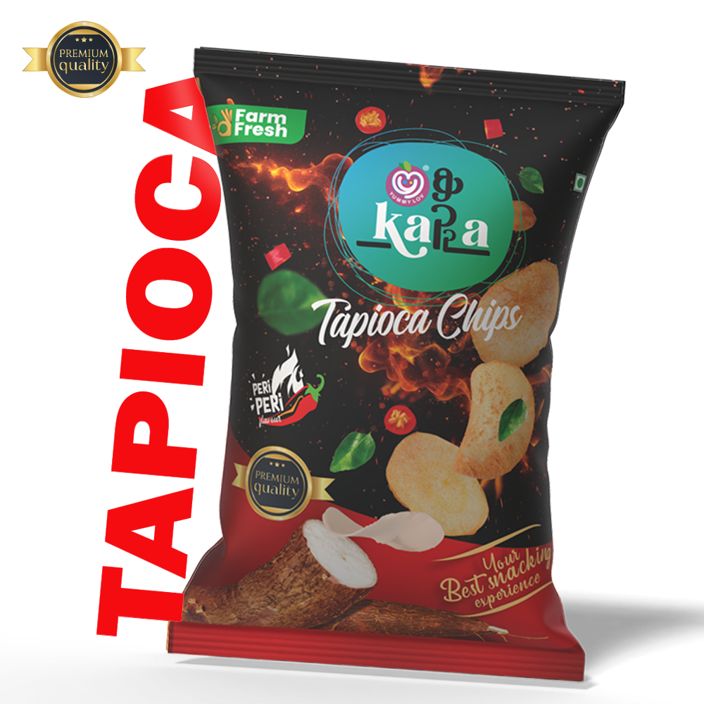 Pack of Kerala tapioca chips in peri peri flavor, gourmet snack