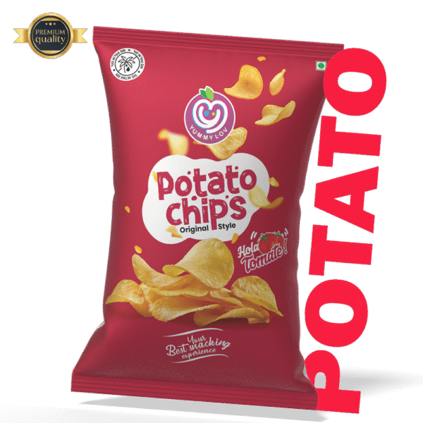 Palm oil free potato chips with zesty tomato taste