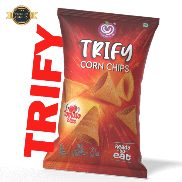 Crunchy corn chips made from real corn, tomato flavored